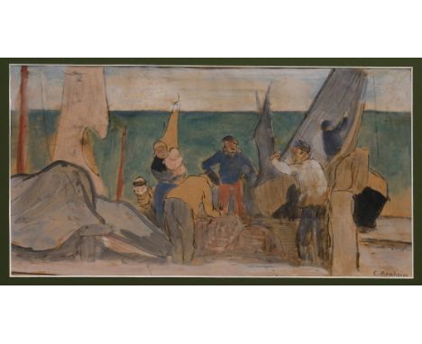 CLARA ARNHEIM (1865 Berlin - 1942 Ghetto Theresienstadt) Fischerszene und StrandAquarell auf glattem Velin.30 x 50,5 cm.Unten