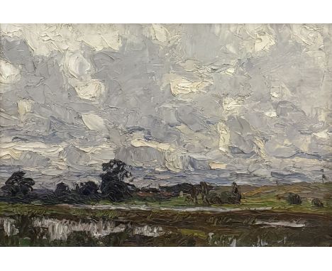 OTTO ALTENKIRCH (1875 Ziesar - 1945 Siebenlehn) "Baselitzer Teiche" (Sandteich mit Dorf und Eichen in der Ferne)Öl auf Leinwa