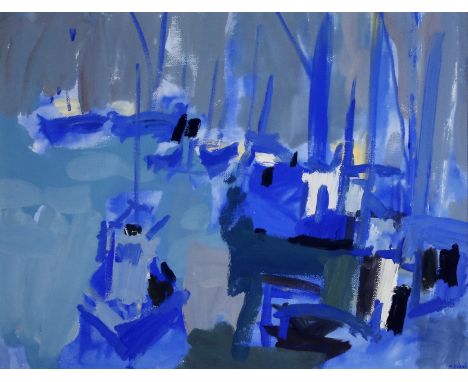 RENÉ QUÉRÉ (1932 Ploaré - 2021 Douarnenez, Frankreich) FischerbooteGouache auf Velin.54 x 74 cm (Passepartouausschnitt).Unten