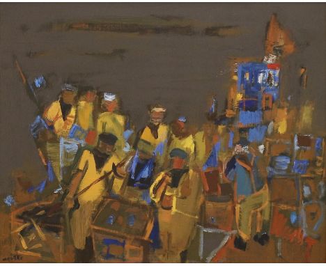 RENÉ QUÉRÉ (1932 Ploaré - 2021 Douarnenez, Frankreich) MatrosenÖl auf Leinwand.54 x 65 cm.Unten links mit Pinsel in Schwarz s