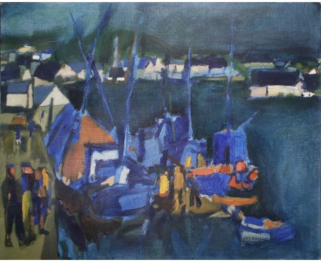 RENÉ QUÉRÉ (1932 Ploaré - 2021 Douarnenez, Frankreich) HafenÖl auf Leinwand.72,5 x 91,5 cm.Unten rechts mit Pinsel in Blau si