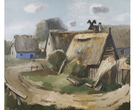 HERMANN BACHMANN (1922 Halle - 1995 Karlsruhe) Fischerhäuser auf AhrenshoopÖl auf Malkarton. Wohl um 1950.54,4 x 61,5 cm. Pro