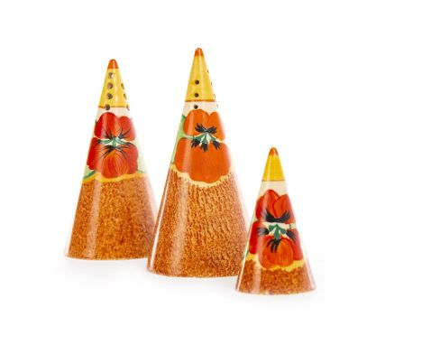 THREE CLARICE CLIFF FOR NEWPORT POTTERY BIZARRE CONICAL CASTERS, handpainted with the 'Nasturtium' pattern, all with printed 