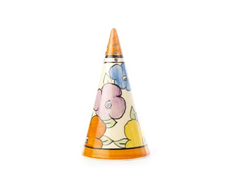 CLARICE CLIFF FOR NEWPORT BIZARRE SUGAR CASTER, of conical form, handpainted with stylised flowers and trees, printed mark to
