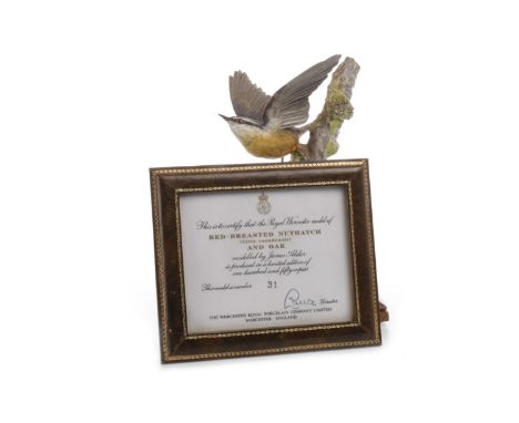 ROYAL WORCESTER RED-BREASTED NUTHATCH AND OAK, by James Adler from the North American Birds Collection, the bird modelled wit