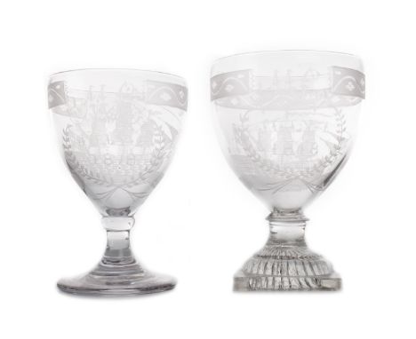 GEORGE III GLASS RUMMER, the bowl engraved with H.M.S. Victory and dated July 1st 1818, raised on a blade knot stem and 'lemo