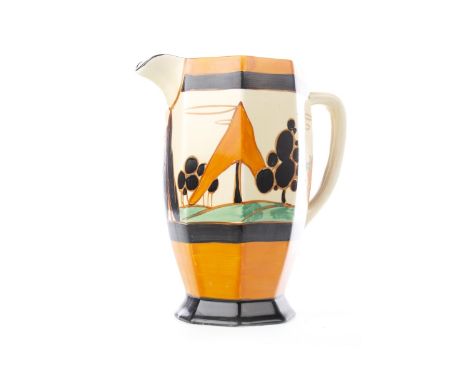 CLARICE CLIFF FOR WILKINSON FANTASQUE 'ORANGE TREES AND HOUSE' PATTERN JUG, of Athens shape, hand painted with trees within o