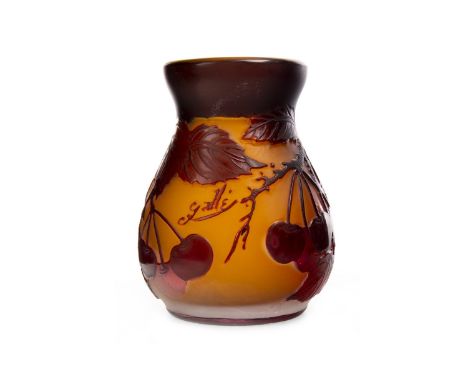 GLASS VASE OF GALLE DESIGN, of squat globular form, overlaid with red cherries and foliage, inscribed gallé, 10.5cm high