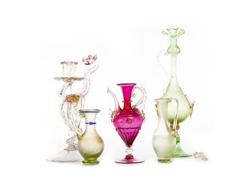 LOT OF 19TH CENTURY VENETIAN GLASSWARE, comprising a figural candlestick modelled as a dragon, a vase, ewer, and two small ve