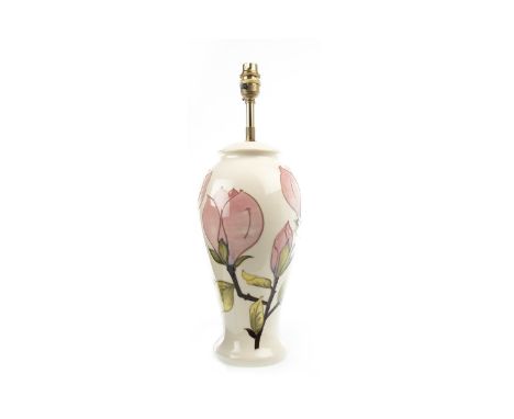 MOORCROFT 'MAGNOLIA' PATTERN LAMP BASE, of balsuter form, tube-lined with pink magnolias on a cream ground, impressed marks t