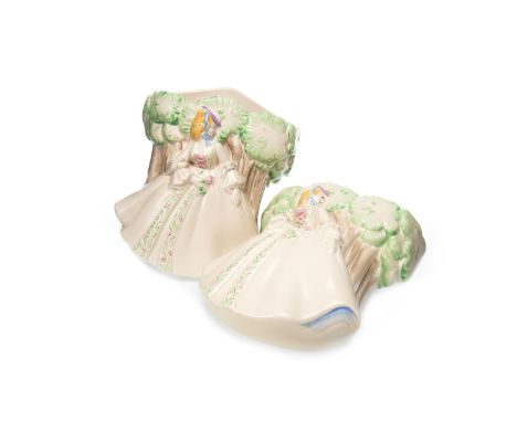 PAIR OF CLARICE CLIFF FOR NEWPORT WALL POCKETS, each moulded with a lady in front of trees, printed marks verso, 19cm high