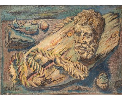 DAVID BURLIUK (RUSSIAN 1882-1967)Driftwood with Marble Head oil on canvas 33 x 45.5 cm (13 x 17 7/8 in.)  signed lower left P