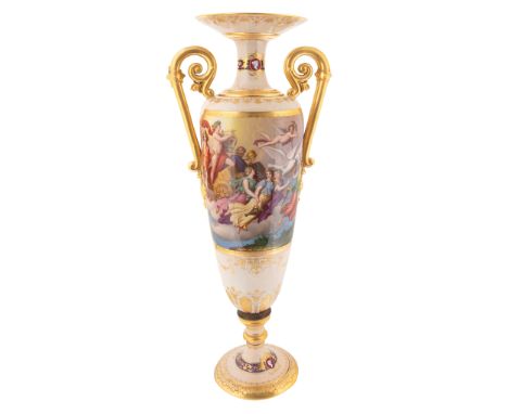 AN AUSTRIAN PORCELAIN 'APOLLO AND THE MUSES GOING TO MT. PARNASSUS' VASE, ACKERMANN &amp; FRITZE, RUDOLSTADT-VOLKESTEDT, FIRS