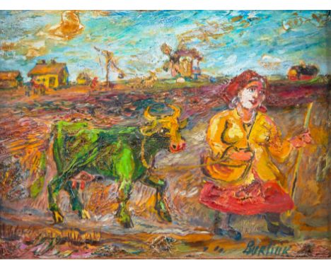 DAVID BURLIUK (RUSSIAN 1882-1967)Woman Leading Green Cow oil on canvas board 25.8 x 30.5 cm (10 1/8 x 12 in.)  signed lower r
