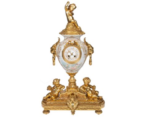 A FRENCH SEVRES STYLE ORMOLU-MOUNTED PORCELAIN MANTLE CLOCK, LATE 19TH CENTURY, RETAILED BY TIFFANY &amp; CO.the slim ovoid b