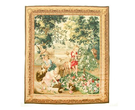 A MODERN CONTINENTAL 'CHILDREN IN THE GARDEN' TAPESTRYrectangular, featuring a scene with children and animals in a garden: o