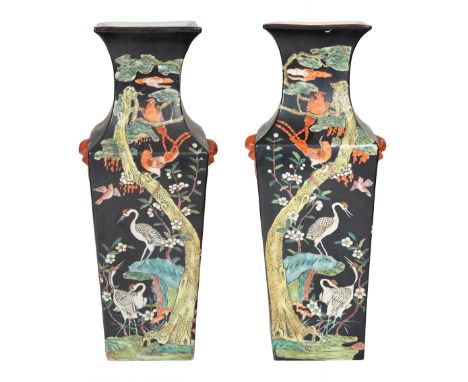 A PAIR OF MONUMENTAL CHINESE PORCELAIN VASES, QING DYNASTY, LATE 19TH-EARLY 20TH CENTURYeach of quadrangular form with applie