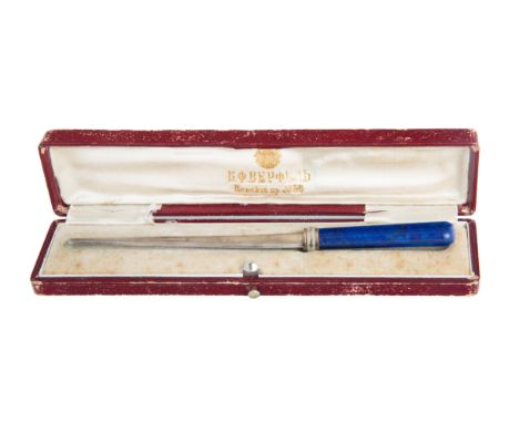A FABERGE SILVER-MOUNTED LAPIS LAZULI LETTER OPENER, ST. PETERSBURG, 1896-1908the handle in lapis lazuli, joined to the blade