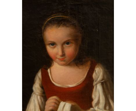 19TH CENTURY CONTINENTAL SCHOOLPortrait of a Young Girl Sewing oil on canvas 30.5 x 25 cm (12 x 9 7/8 in.) CONDITIONThe paint