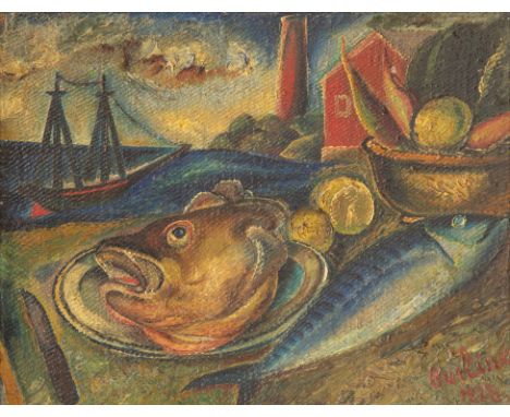 DAVID BURLIUK (RUSSIAN 1882-1967)The Fish and the Boat, 1928 oil on burlap 36 x 46.2 cm (14 1/8 x 18 1/4 in.)  signed and dat