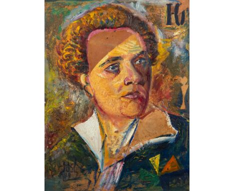 DAVID BURLIUK (RUSSIAN 1882-1967)Futurist Pushkin oil and collage on cardboard 45.5 x 35.5 cm (17 1/2 x 13 1/4 in.)  PROVENAN