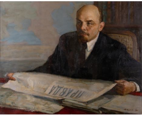 BORIS KUSTOV (RUSSIAN 1912-1989)Lenin Reading Pravda, 1970 oil on canvas board 79 x 100 cm (31 1/8 x 39 3/8 in.) signed and d