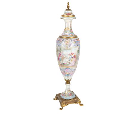 A FRENCH SEVRES STYLE ORMOLU-MOUNTED PORCELAIN VASE, LATE 19TH CENTURYof narrow ovoid form, painted overall with a pearlescen