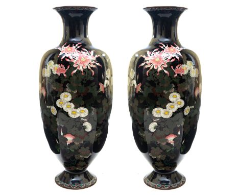 A PAIR OF JAPANESE METAL AND CLOISONNE ENAMEL VASES, 20TH CENTURYeach of baluster form, with flaring neck, the black body hex