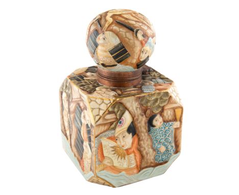A SOFT-PASTE AND ENAMEL JAPONAISERIE VESSEL, LATE 19TH-EARLY 20TH CENTURY cubic, the edges beveled, with hinged spherical cov