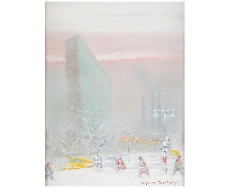 JOHANN BERTHELSEN (AMERICAN 1883-1972)United Nations Building in Winter, 1950s oil on canvas board 30.5 x 22.8 cm (12 x 9 in.