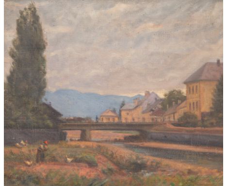 ANDRAS MIKOLA (HUNGARIAN 1884-1970)River Landscape oil on canvas 58 x 67 cm (22 7/8 x 26 3/8 in.) signed lower left  CONDITIO