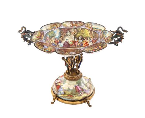 AN AUSTRIAN METAL AND ENAMEL SWEETMEATS SERVING DISH, LATE 19TH CENTURYthe central oval dish surrounded by eight lobes, with 