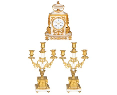 A THREE-PIECE FRENCH ORMOLU-MOUNTED MARBLE DESK CLOCK SET, RAINGO FRERES, PARIS, THIRD QUARTER OF 19TH CENTURYthe desk set ex