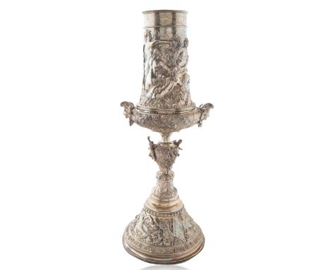 A EUROPEAN SILVER REPOUSSE VASE, LIKELY DUTCH, LATE 19TH-EARLY 20TH CENTURYof baluster form, flanked by tête de guerrier hand