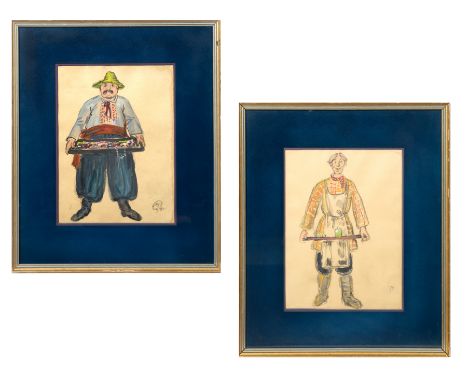A PAIR OF COSTUME DESIGNS BY MSTISLAV DOBUZHINSKY (RUSSIAN-LITHUANIAN 1875-1957)comprising:a) Ukrainian Jewelry Vendor, charc