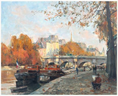 JEAN SALABET (FRENCH B. CIRCA 1900)Artist Sketching Beside the Seine, 1951 oil on canvas 50 x 61.5 cm (19 3/4 x 24 1/4 in.)  