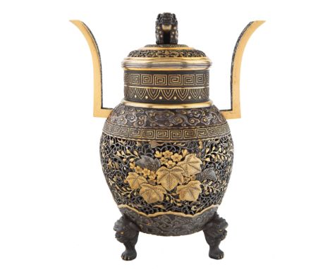 A JAPANESE GILT IRON KORO (INCENSE BURNER), TOKYO, 1877two-handled, the cover with shishi finial, the body decorated with a h
