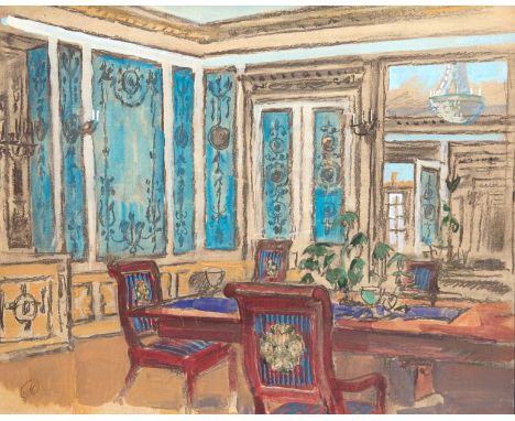 MSTISLAV DOBUZHINSKY (RUSSIAN-LITHUANIAN 1875-1957)Interior with Blue Walls pencil, watercolor and gouache on paper 37.2 x 47