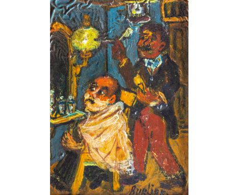 DAVID BURLIUK (RUSSIAN 1882-1967)At the Barber's oil on panel 10.3 x 7.3 cm (4 x 2 7/8 in.)  signed lower right PROVENANCECol