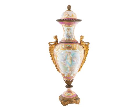 A FRENCH SEVRES STYLE ORMOLU-MOUNTED PORCELAIN VASE, LATE 19TH-EARLY 20TH CENTURYof ovoid baluster form, two-handled, the han