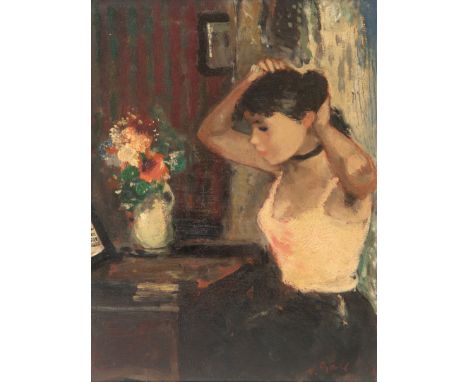 FRANCOIS GALL (FRENCH 1912-1987)Eugénie relève son chignon devant le miroir au bouquet de fleurs, circa 1952 oil on board 33 