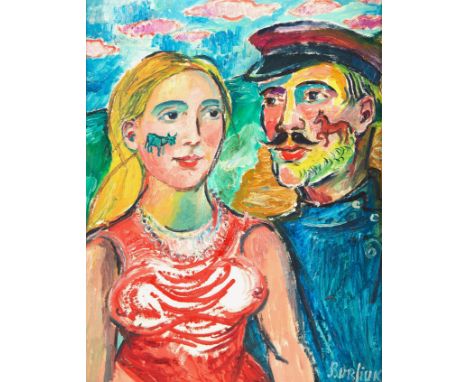 DAVID BURLIUK (RUSSIAN 1882-1967)Marriage Portrait (I have a horse...)  oil on canvas board 45.5 x 38 cm (17 7/8 x 15 in.)  s
