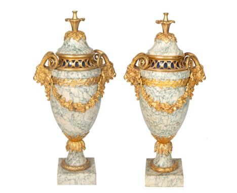 A PAIR OF FRENCH LOUIS XVI STYLE ORMOLU-MOUNTED MARBLE URNS, LATE 19TH CENTURY WITH LATER LAMP MOUNTSeach of narrow ovoid for