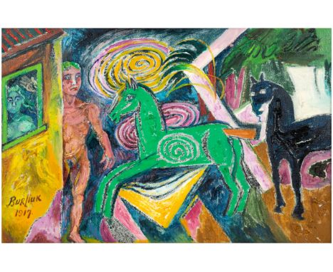 DAVID BURLIUK (RUSSIAN 1882-1967)Carousel oil on burlap 51 x 77 cm (20 1/8 x 30 1/4 in.) signed and dated 1917 lower left PRO