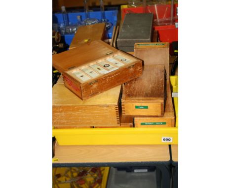 TWO TRAYS OF CASED MICROSCOPE SLIDES IN WOODEN CASES, including examples supplied by T Gerrard &amp; Co, Flatters &amp; Garne