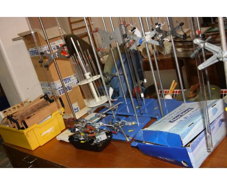 A QUANTITY OF METAL CHEMISTRY EXPERIMENT STANDS, clamps, test tube stands, bulb pipe ties