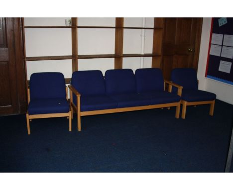 A MORLEY'S CONFERENCE ROOM THREE SEAT SOFA AND TWO CHAIRS, upholstered in blue over a beechwood frame, sofa 170cm wide and ch