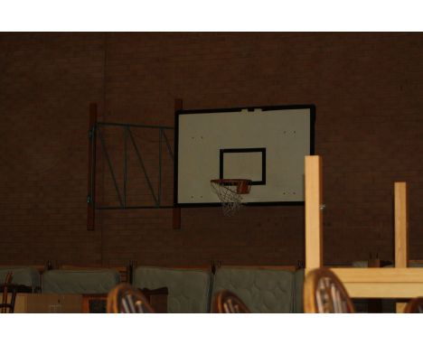 TWO BASKETBALL BACKBORDS AND RING WALL MOUNTED, (to be removed by buyer adhering to Health and Safety restrictions)