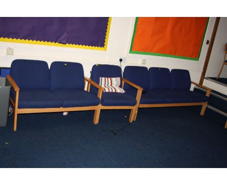 A MORLEY'S CONFERENCE ROOM THREE SEAT SOFA, TWO SEAT SOFA AND A CHAIR, upholstered in blue over a beechwood frame, three seat