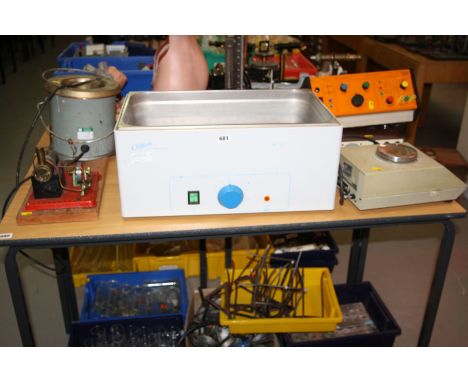 A CLIFTON UNSTIRRED BATH A MAMOD ENGINE MOUNTED ON A WOODEN BASE, electronic scales, oscilloscope, etc (7)